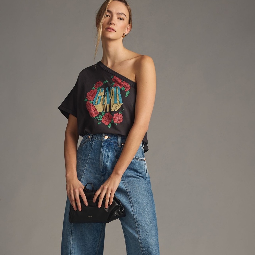 Pilcro Black One-Shoulder Floral Graphic Tee